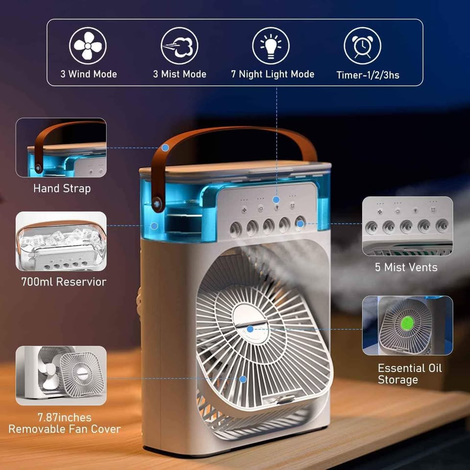 Mini Air Cooler Fan – 5-in-1 Portable Cooling, Humidifier & Aromatherapy Device