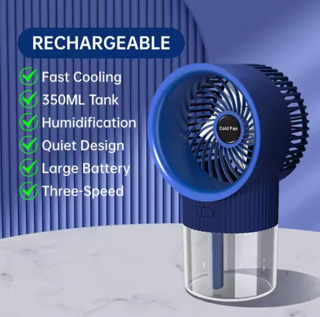 Ice Mist Cooling Fan – Portable USB Air Cooler with Mist Spray | 350ml Water Tank | Rechargeable & Quiet